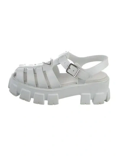 Pre-owned Prada Enameled Metal Triangle Rubber Slingback Sandals In White