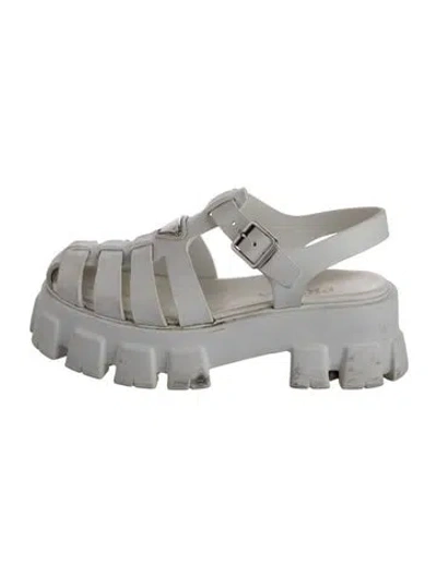 Pre-owned Prada Enameled Metal Triangle Rubber Slingback Sandals In White