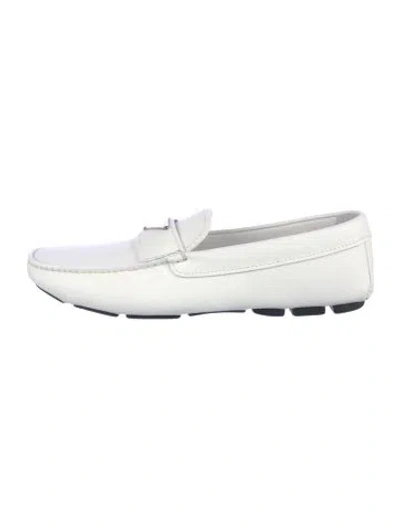 Pre-owned Prada Enameled Metal Triangle Saffiano Leather Loafers In White