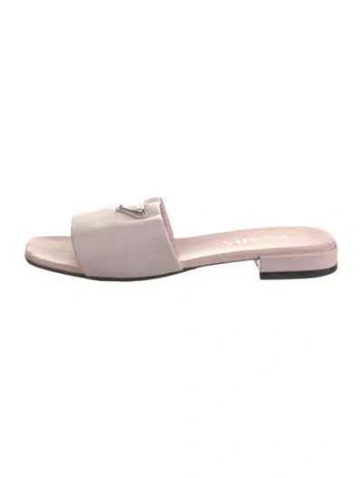 Pre-owned Prada Enameled Metal Triangle Saffiano Leather Slides In Pink