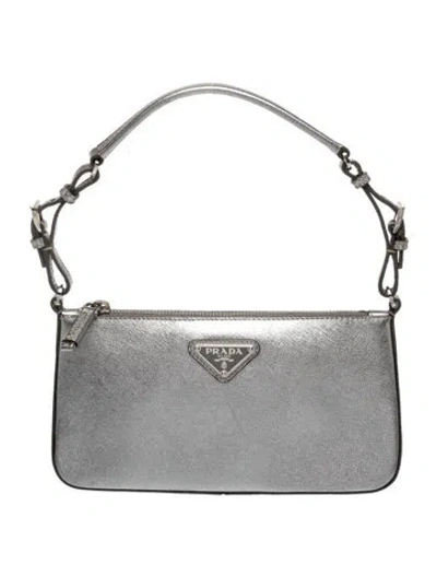Pre-owned Prada Enameled Metal Triangle Saffiano Zip Pochette In Grey