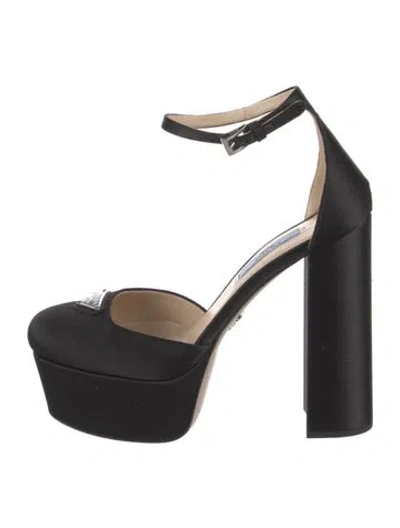 Pre-owned Prada Enameled Metal Triangle Satin D'orsay Pumps In Black