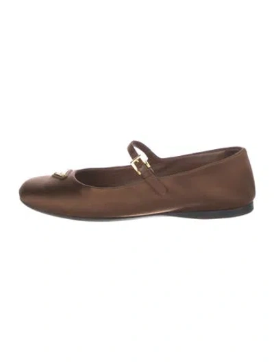 Pre-owned Prada Enameled Metal Triangle Satin Mary Jane Flats In Brown