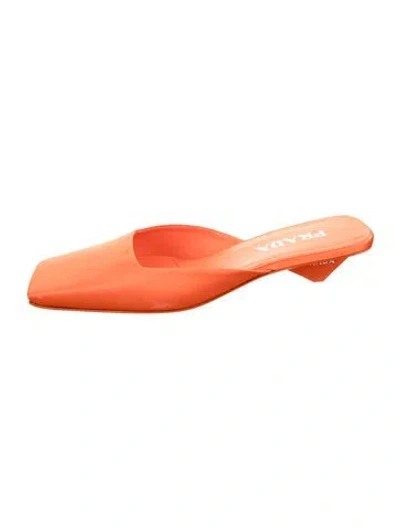 Pre-owned Prada Enameled Metal Triangle Satin Mules In Orange
