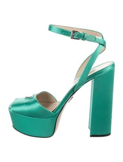 Pre-owned Prada Enameled Metal Triangle Satin Sandals In Green