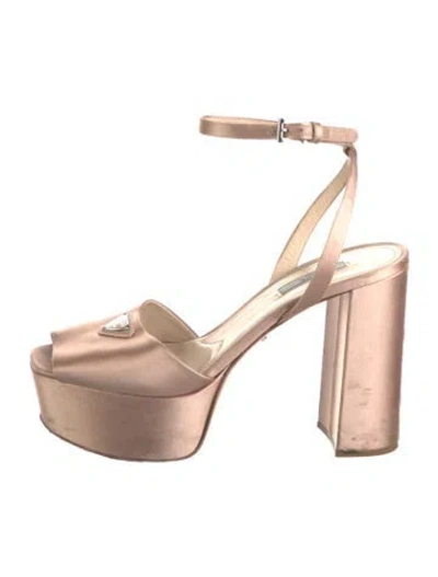 Pre-owned Prada Enameled Metal Triangle Satin Sandals In Pink