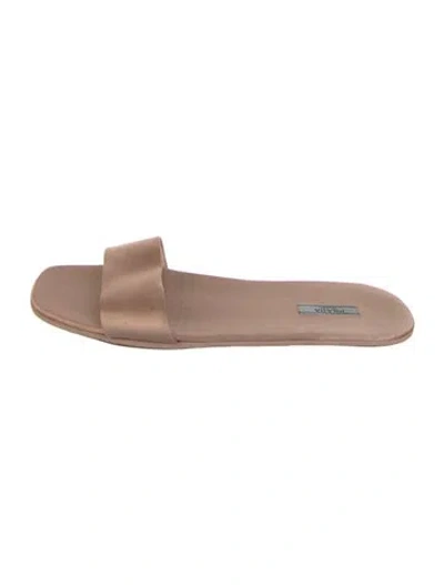 Pre-owned Prada Enameled Metal Triangle Satin Slides In Brown