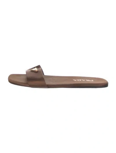 Pre-owned Prada Enameled Metal Triangle Satin Slides In Brown