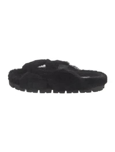 Pre-owned Prada Enameled Metal Triangle Shearling Slides In Black