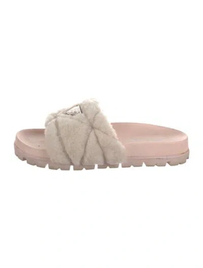 Pre-owned Prada Enameled Metal Triangle Shearling Slides In Pink