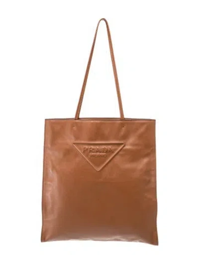 Pre-owned Prada Enameled Metal Triangle Shopping Tote In Brown