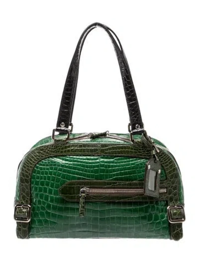 Pre-owned Prada Enameled Metal Triangle Shoulder Bag In Green