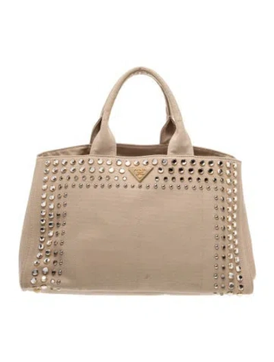 Pre-owned Prada Enameled Metal Triangle Signature Canapa Bijoux Large In Neutral