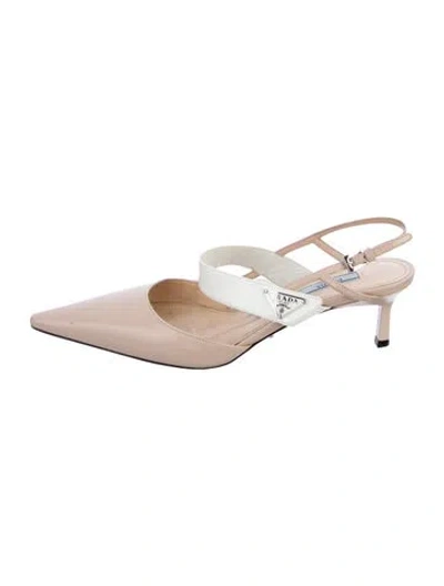 Pre-owned Prada Enameled Metal Triangle Slingback Pumps In White