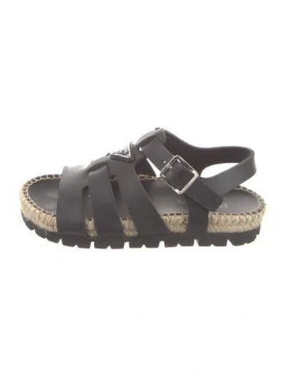 Pre-owned Prada Enameled Metal Triangle Slingback Sandals In Black