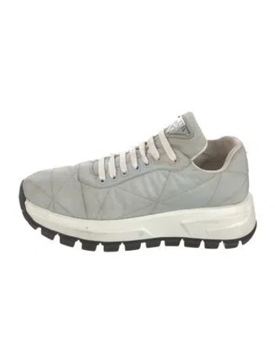 Pre-owned Prada Enameled Metal Triangle Sneakers In Blue