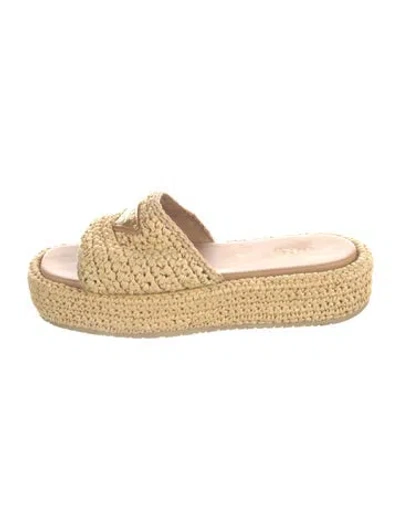 Pre-owned Prada Enameled Metal Triangle Straw Espadrilles In Neutrals