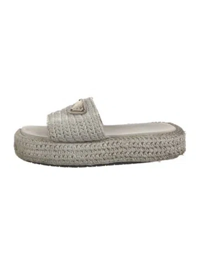 Pre-owned Prada Enameled Metal Triangle Straw Espadrilles In White