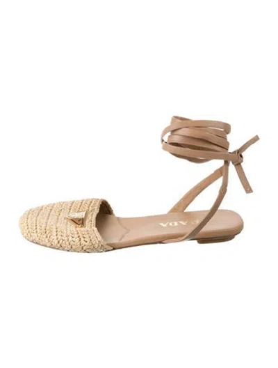 Pre-owned Prada Enameled Metal Triangle Straw Sandals In Neutral