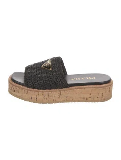 Pre-owned Prada Enameled Metal Triangle Straw Slides In Black