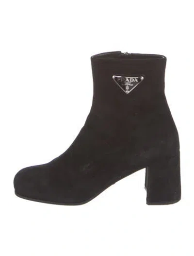 Pre-owned Prada Enameled Metal Triangle Suede Boots In Black