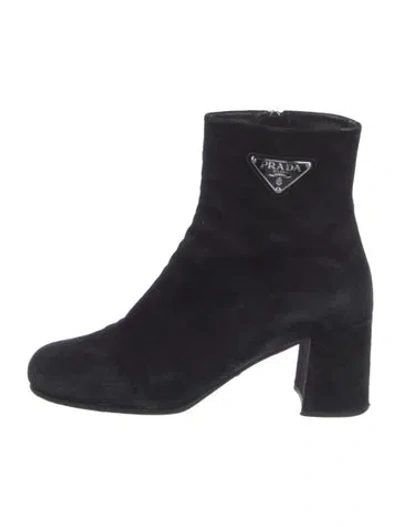 Pre-owned Prada Enameled Metal Triangle Suede Boots In Black