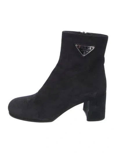Pre-owned Prada Enameled Metal Triangle Suede Boots In Black