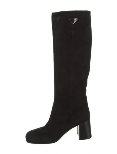 Pre-owned Prada Enameled Metal Triangle Suede Boots In Black
