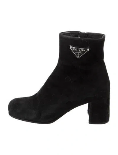Pre-owned Prada Enameled Metal Triangle Suede Boots In Black