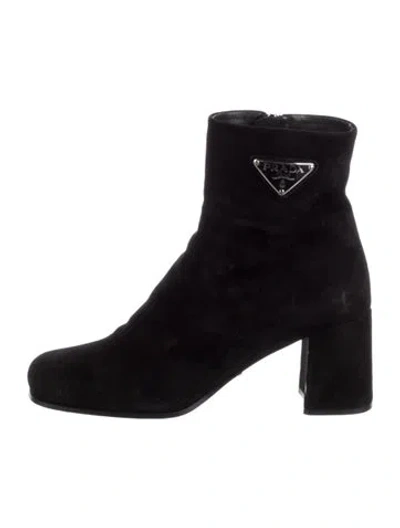 Pre-owned Prada Enameled Metal Triangle Suede Boots In Black