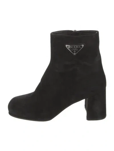 Pre-owned Prada Enameled Metal Triangle Suede Boots In Black