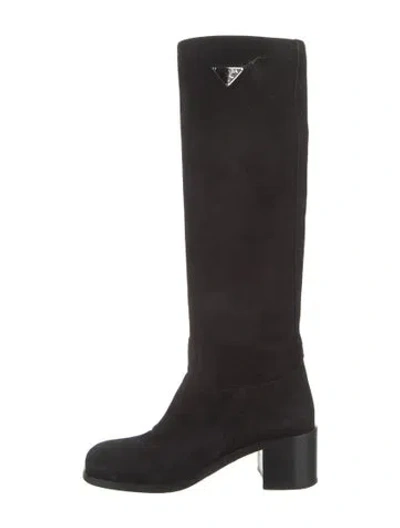 Pre-owned Prada Enameled Metal Triangle Suede Boots In Black