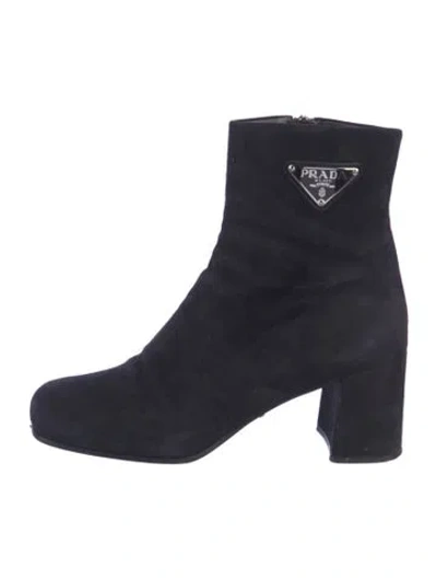 Pre-owned Prada Enameled Metal Triangle Suede Boots In Blue