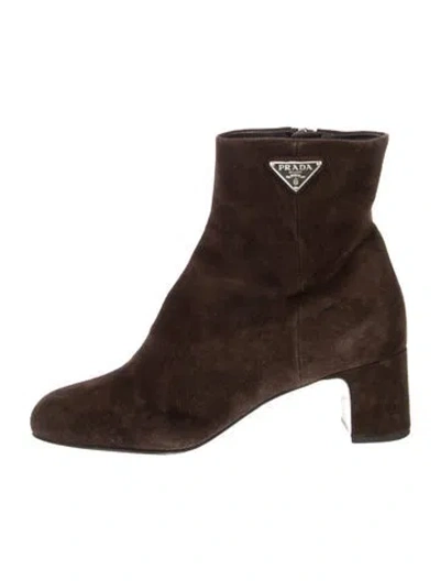Pre-owned Prada Enameled Metal Triangle Suede Boots In Brown
