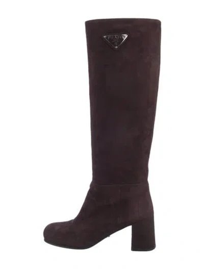 Pre-owned Prada Enameled Metal Triangle Suede Boots In Brown
