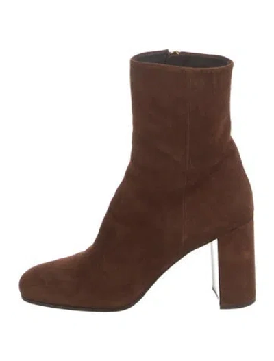 Pre-owned Prada Enameled Metal Triangle Suede Boots In Brown