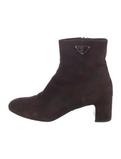 Pre-owned Prada Enameled Metal Triangle Suede Boots In Brown
