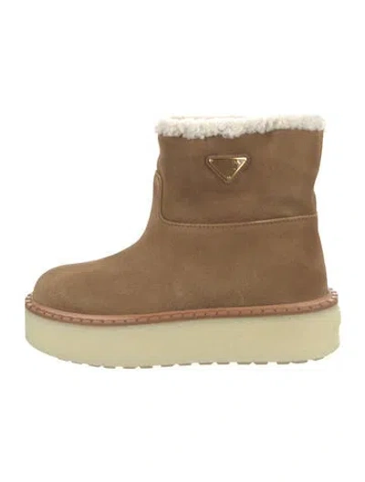 Pre-owned Prada Enameled Metal Triangle Suede Boots In Brown