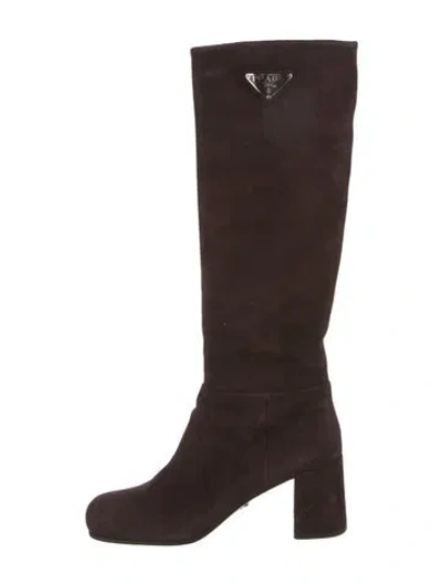 Pre-owned Prada Enameled Metal Triangle Suede Boots In Brown