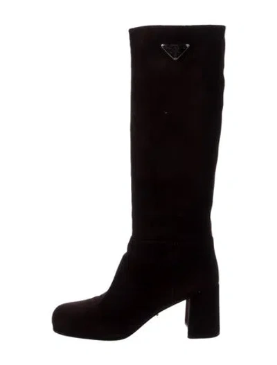 Pre-owned Prada Enameled Metal Triangle Suede Boots In Brown