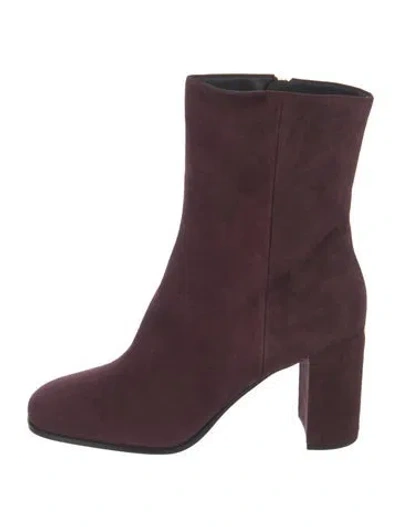 Pre-owned Prada Enameled Metal Triangle Suede Boots In Burgundy