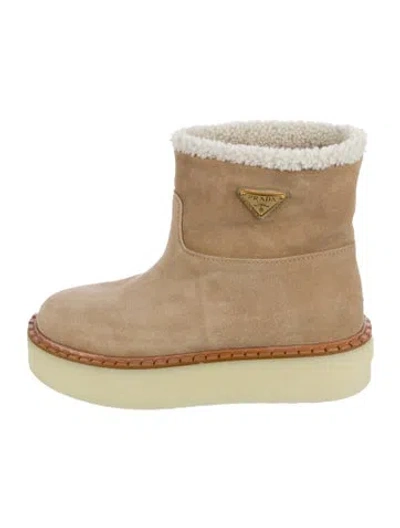 Pre-owned Prada Enameled Metal Triangle Suede Boots In Neutral
