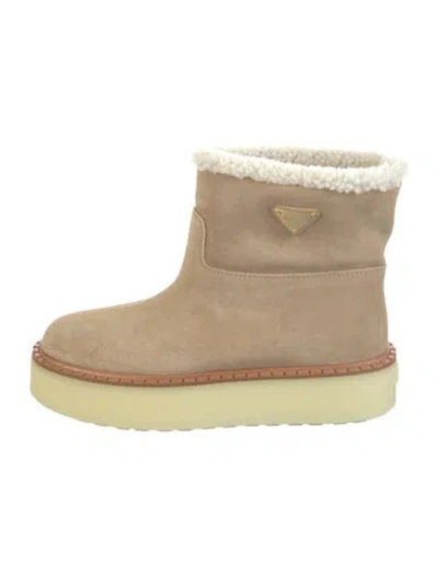 Pre-owned Prada Enameled Metal Triangle Suede Boots In Neutral