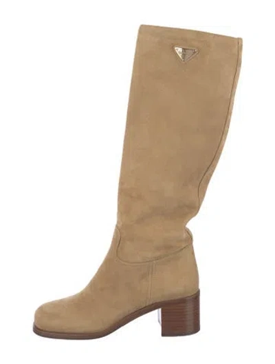 Pre-owned Prada Enameled Metal Triangle Suede Boots In Neutral
