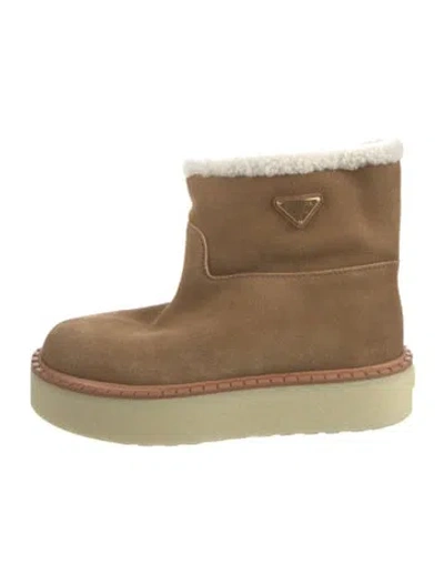 Pre-owned Prada Enameled Metal Triangle Suede Boots In Neutral