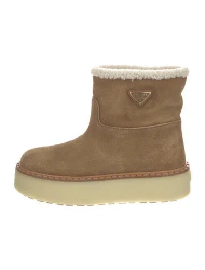 Pre-owned Prada Enameled Metal Triangle Suede Boots In Neutral