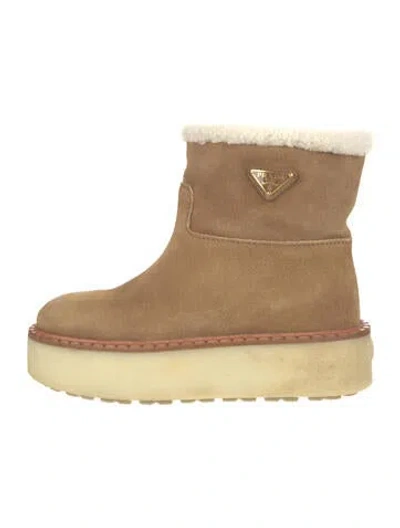 Pre-owned Prada Enameled Metal Triangle Suede Boots In Neutral