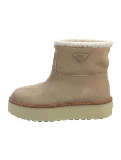 Pre-owned Prada Enameled Metal Triangle Suede Boots In Neutrals