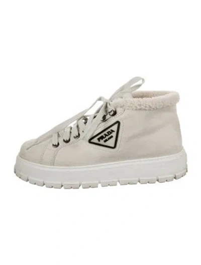 Pre-owned Prada Enameled Metal Triangle Suede Combat Boots In Neutrals