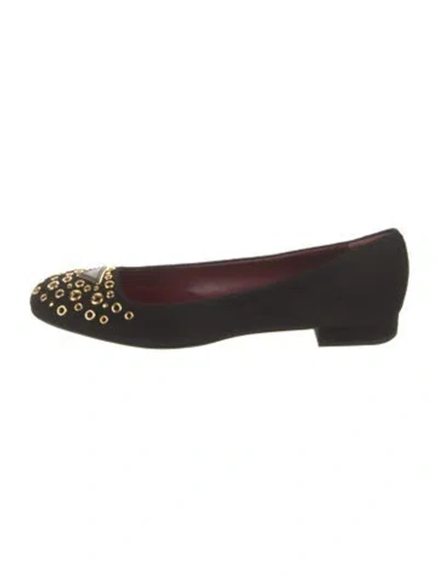 Pre-owned Prada Enameled Metal Triangle Suede Flats In Black